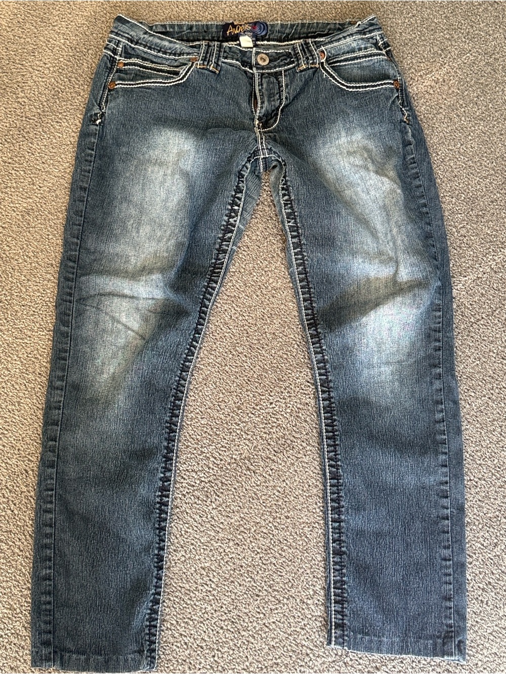 Angels Distressed Contrast Stitched Blue Denim Straight Jeans. 6 Pockets! Sz 13